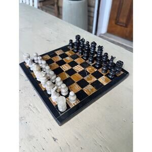 Miniature Black Marble & Onyx Chess Set 7.75” Square (Queen 1.5”)